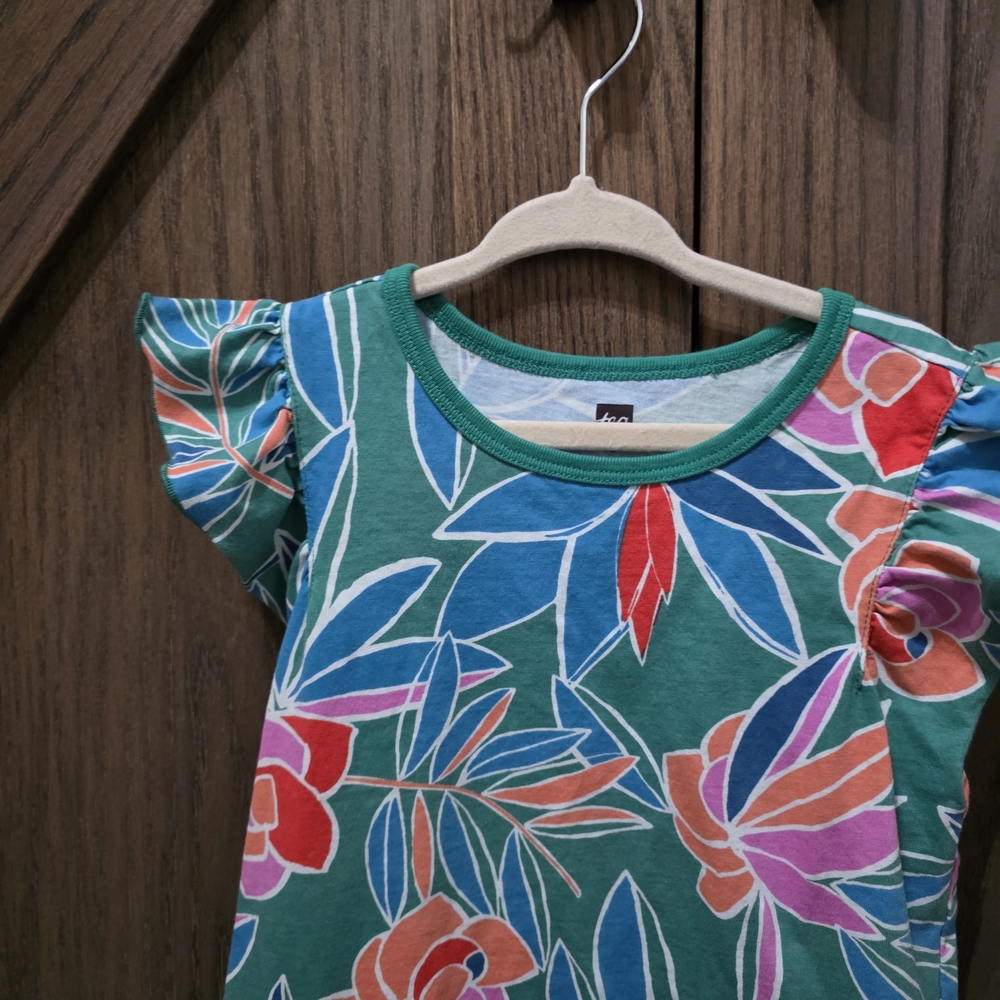 Tea Collection Teal Floral Flutter-Sleeve Dress - Picture 2 of 3